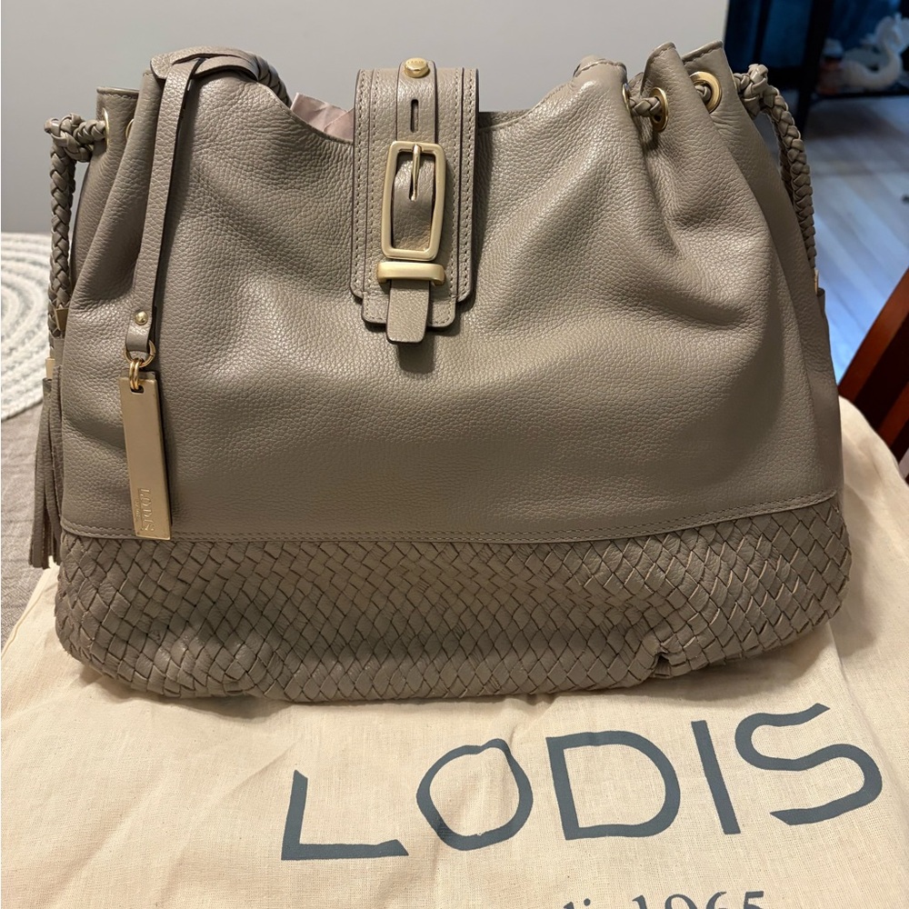 NEW Lodis Taupe Leather Woven-Bottom Shoulder Bag with Gold Hardware - no tags